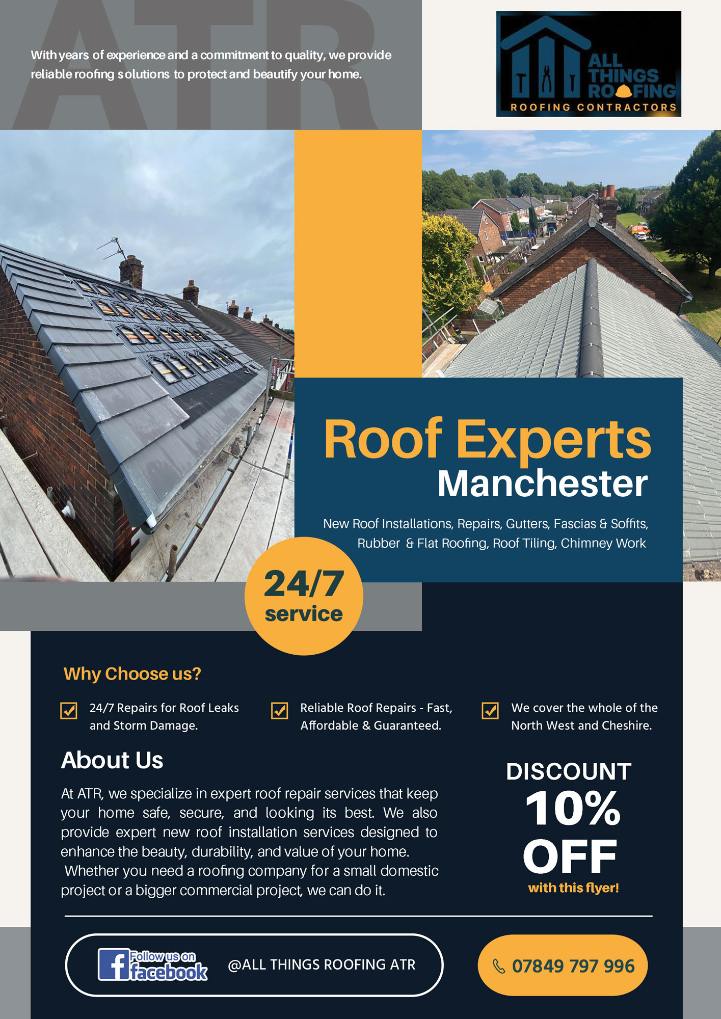 At ATR, we specialize in expert roof repair services that keep
your home safe, secure, and looking its best. We also
provide expert new roof installation services designed to
enhance the beauty, durability, and value of your home.
Whether you need a roofing company for a small domestic
project or a bigger commercial project, we can do it.